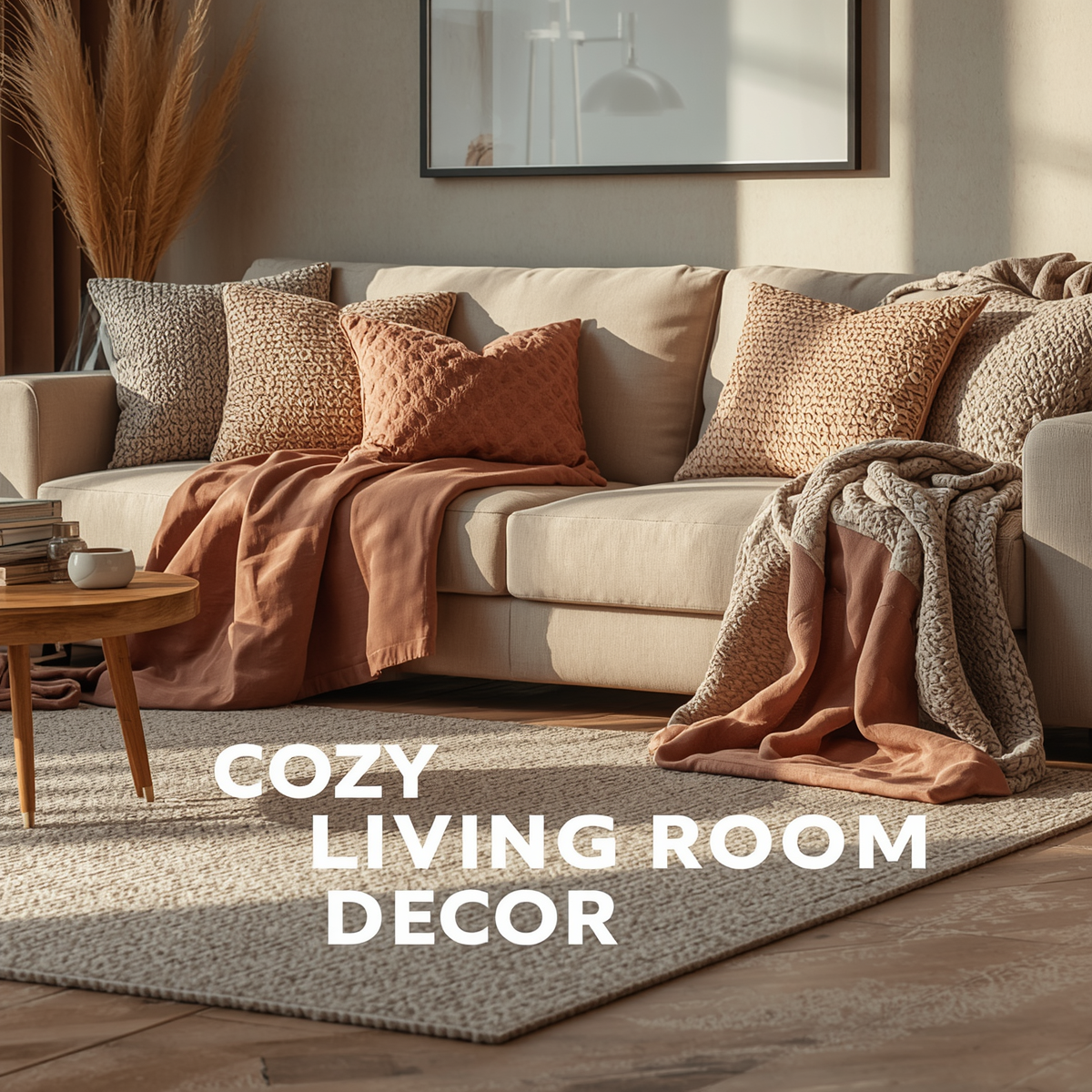 Cozy modern living room with textured cushion covers, warm blankets, neutral rug, and soft ambient lighting in a minimalist apartment interior.