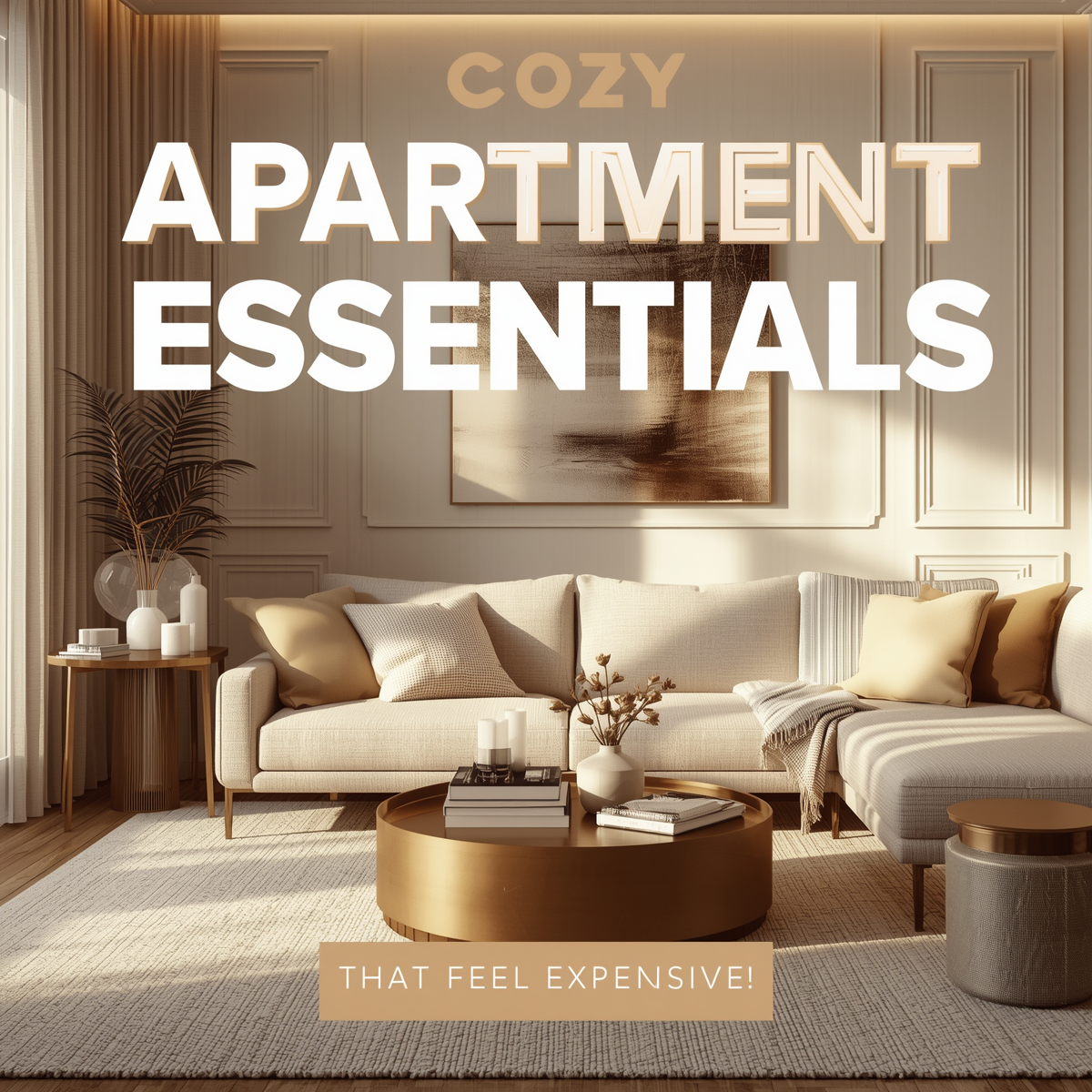 Modern cozy apartment living room with warm lighting, minimalist furniture, textured decor, and aesthetic coffee table styling in a relaxing home atmosphere.
