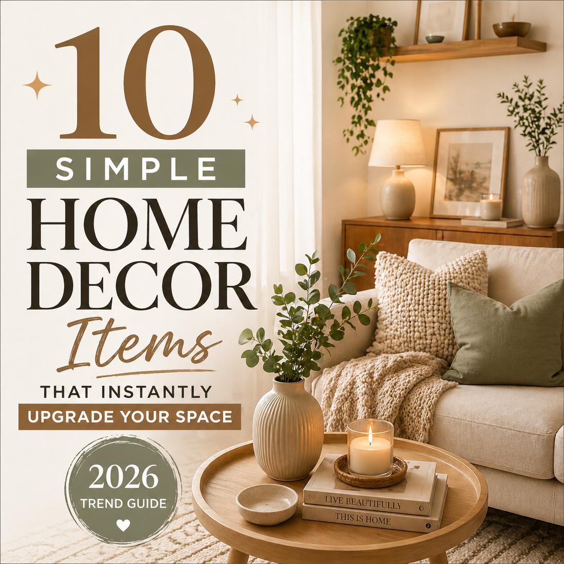 A cozy modern living room featuring warm ambient lighting, a beige sofa with textured cushions, a wooden coffee table with candles and decor, and stylish typography overlay highlighting “10 simple home decor items” for a 2026 trend guide.