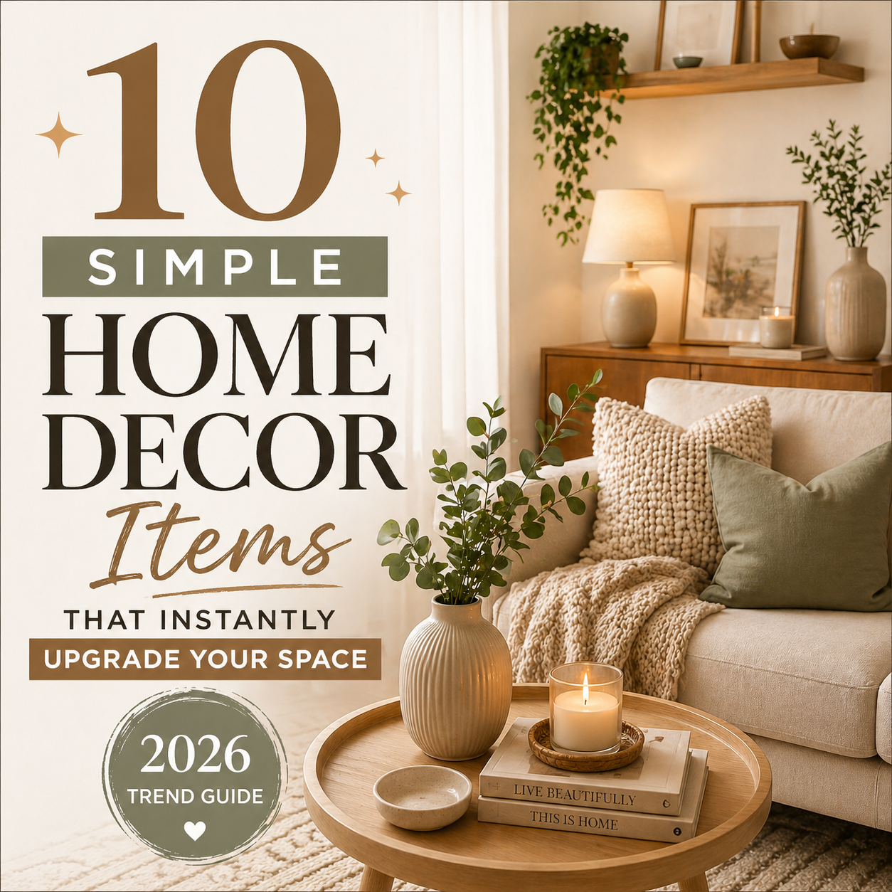 A cozy modern living room featuring warm ambient lighting, a beige sofa with textured cushions, a wooden coffee table with candles and decor, and stylish typography overlay highlighting “10 simple home decor items” for a 2026 trend guide.