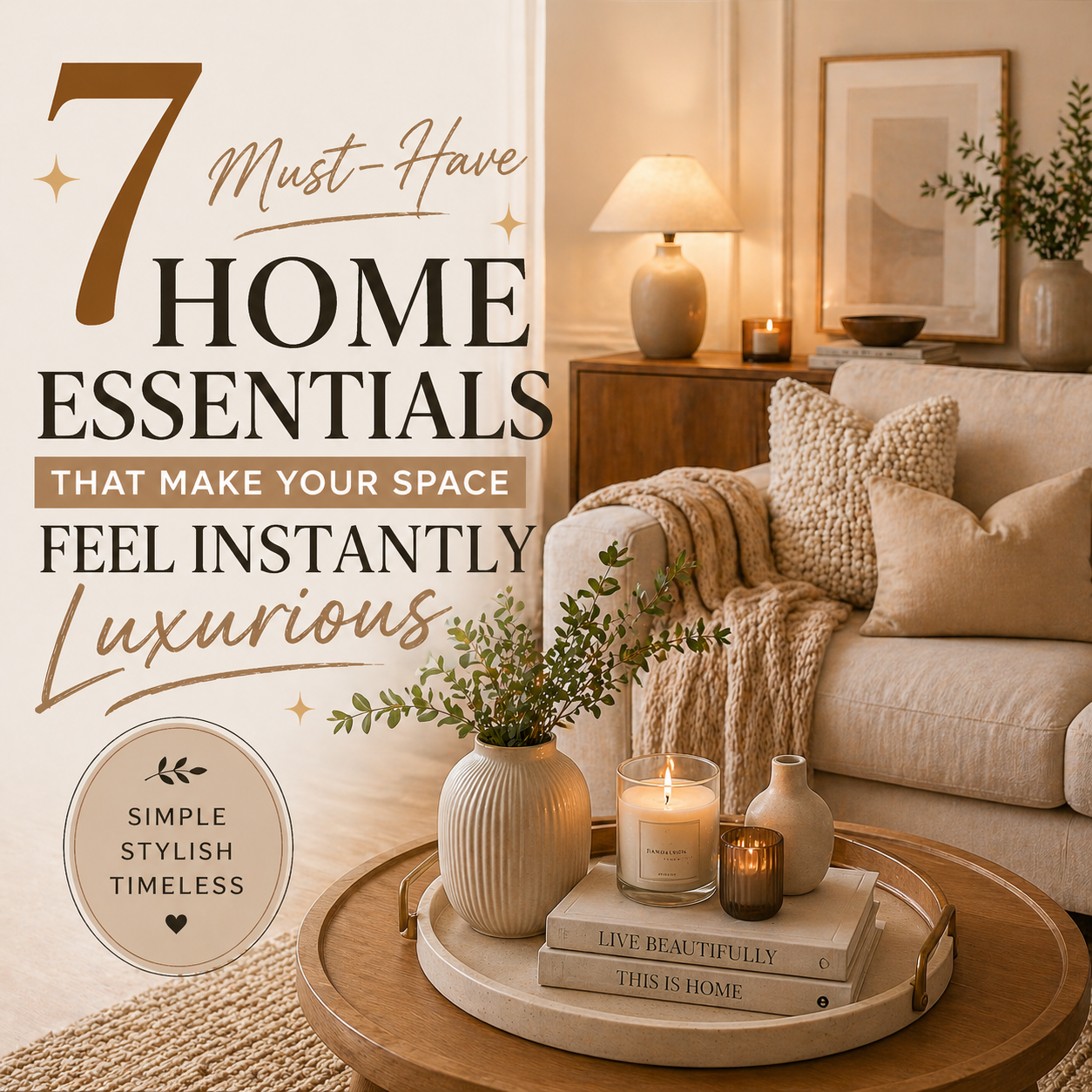 A luxurious cozy living room with warm ambient lighting, minimalist furniture, decorative trays with candles and books, and elegant home decor creating a high-end and inviting atmosphere.
