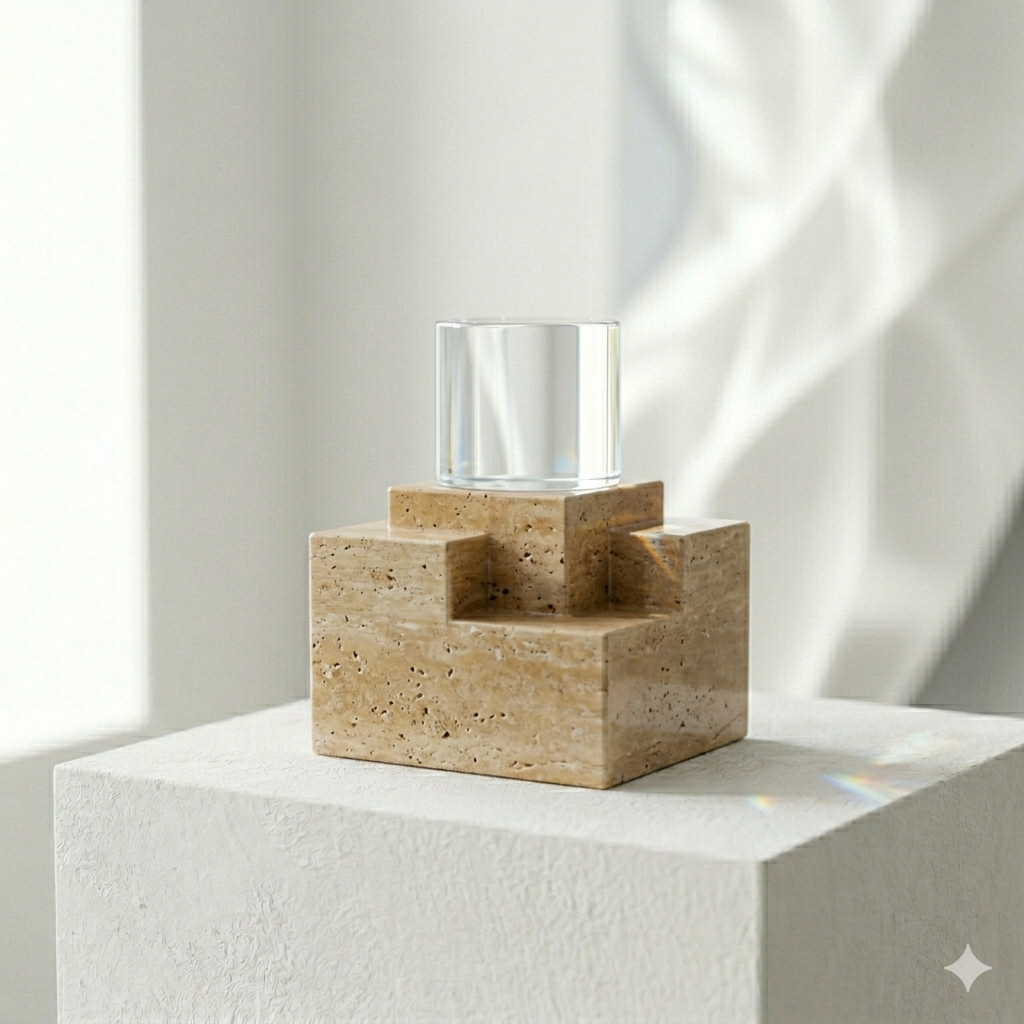 Onyx brand image: A stacked geometric travertine stone sculpture and a clear optical glass cylinder on a sunlit white textured plinth in daylight.
