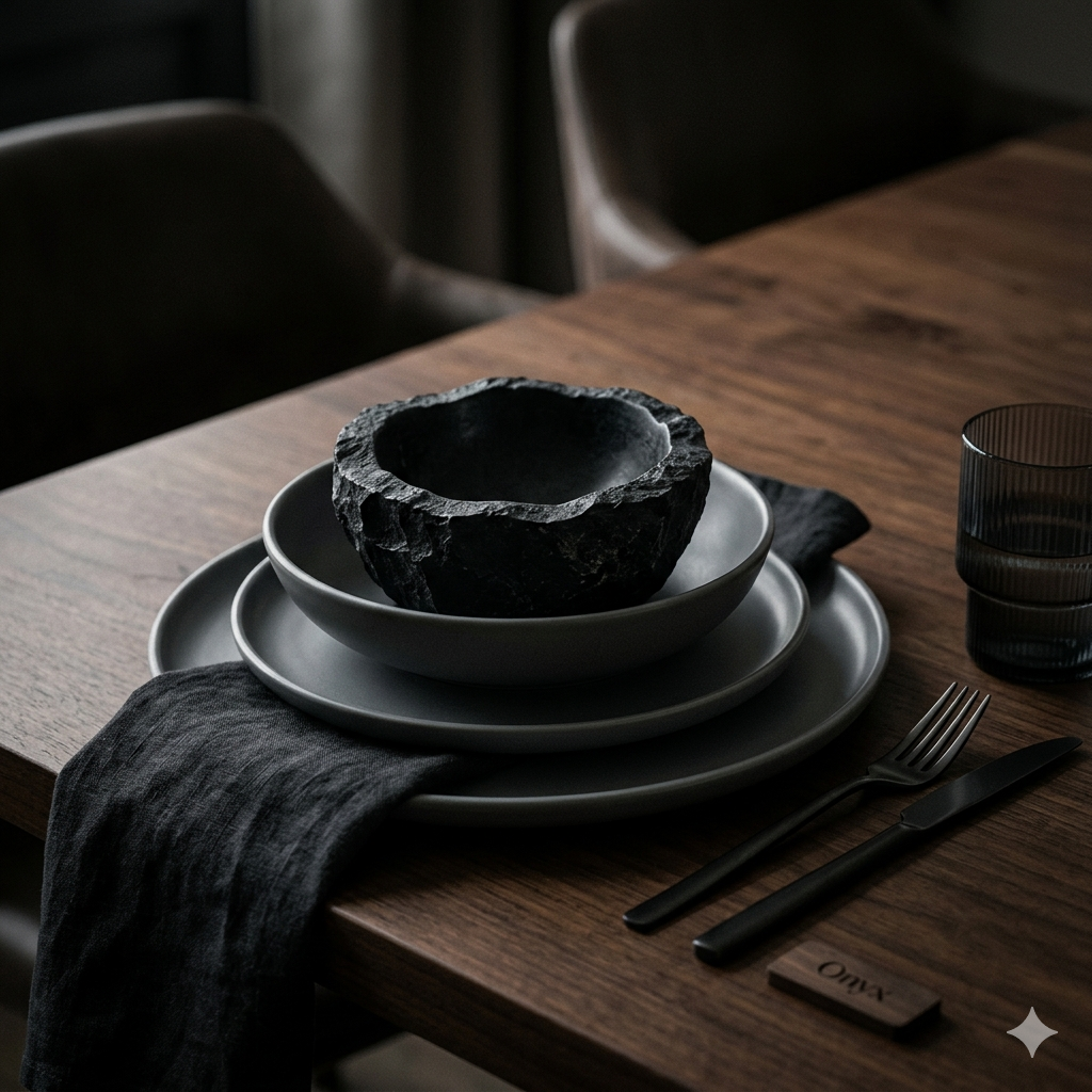 A premium 1:1 square featured image for Onyx brand, showing a minimalist dining tablescape with stacked matte charcoal ceramic plates and a textured black stone bowl on a dark walnut wood surface, cinematic moody lighting.