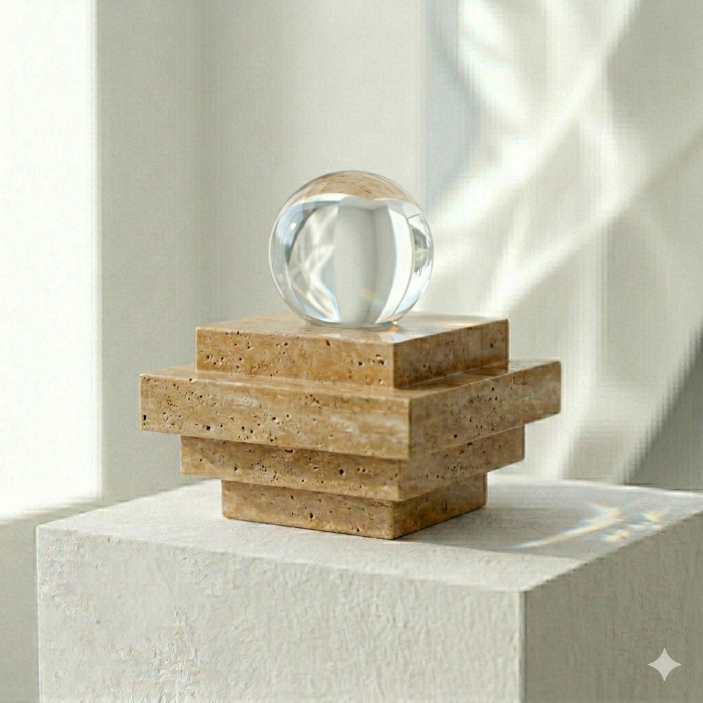 Onyx brand image: A stacked geometric Travertine stone sculpture and a clear optical glass sphere on a sunlit white textured plinth in daylight.