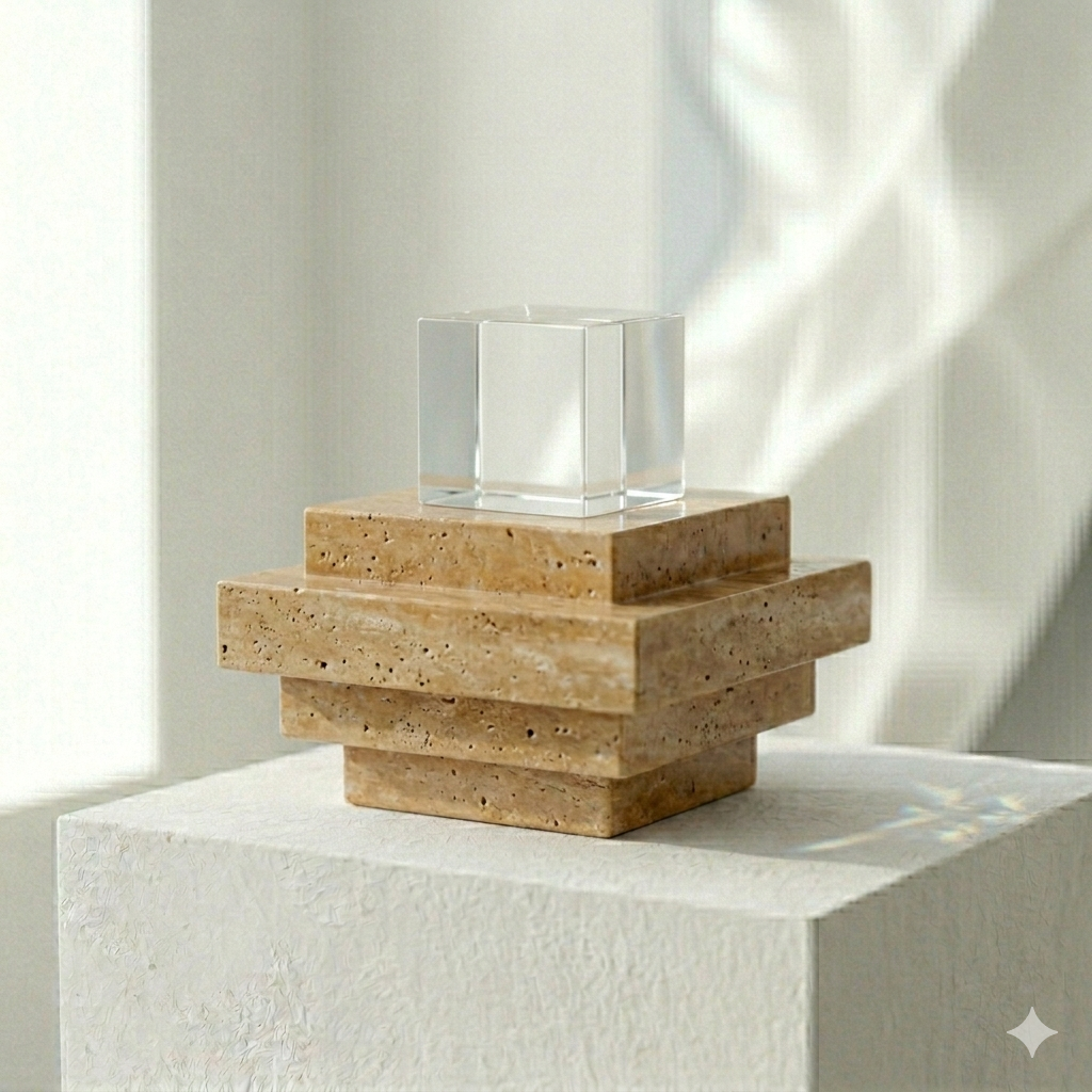 Onyx brand image: A tiered geometric Travertine stone sculpture and a clear optical glass cube on a sunlit white textured plinth in daylight.