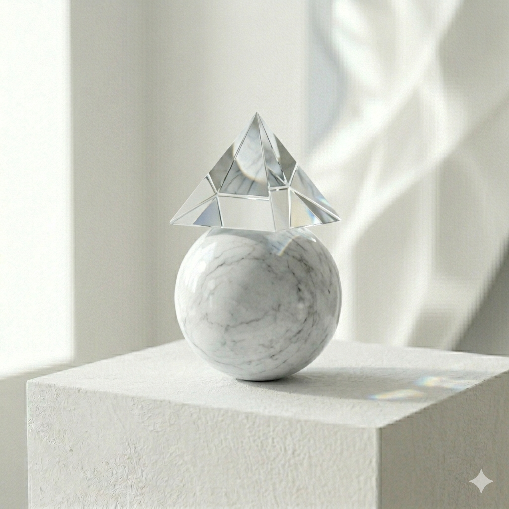 Onyx brand image: A polished Carrara marble sphere with a multi-faceted optical glass pyramid on a sunlit white textured plinth in daylight.