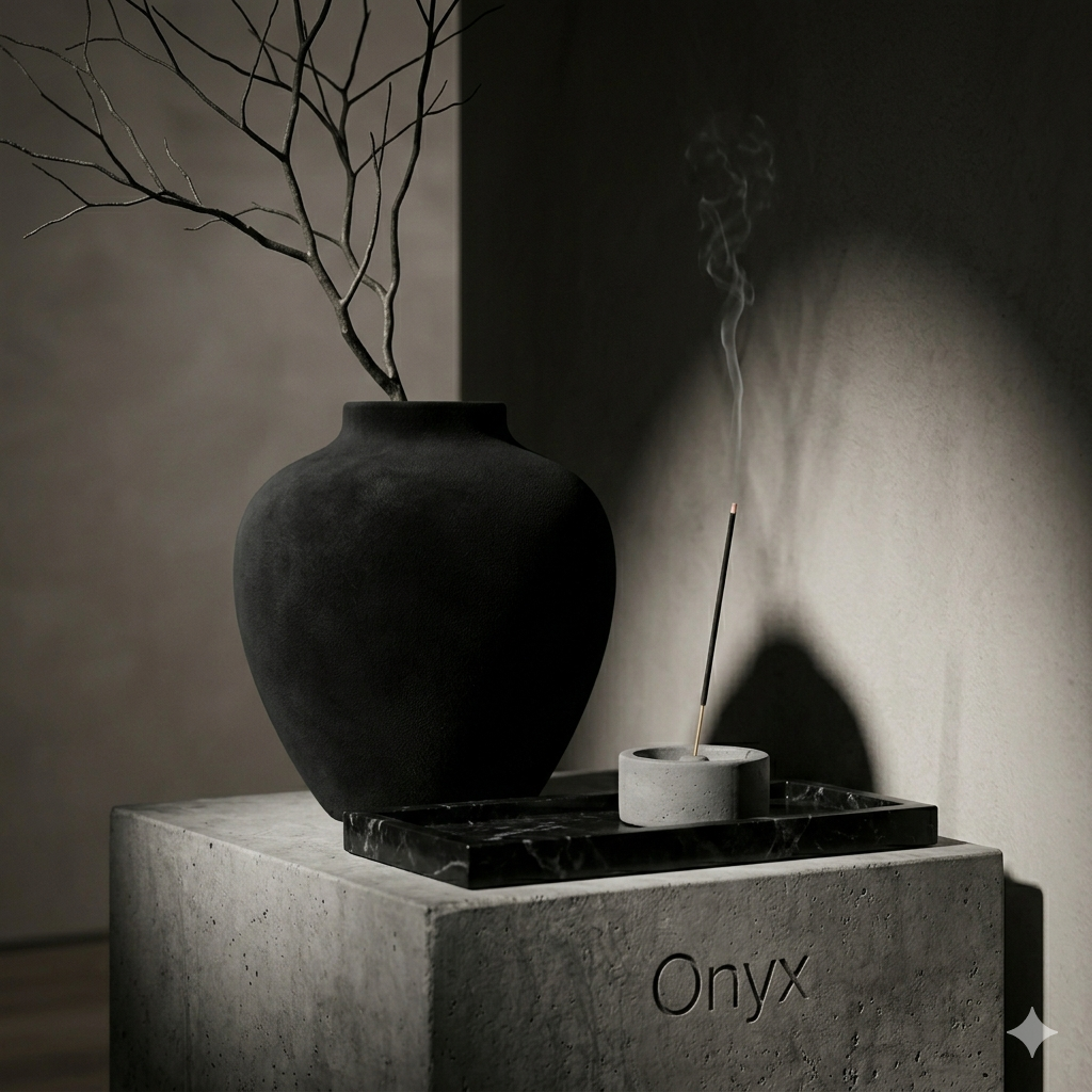 Onyx Home Objects brand image: A matte black ceramic vase with a dark branch and a lit concrete incense burner on a concrete pedestal. Modern minimalist design with moody lighting.