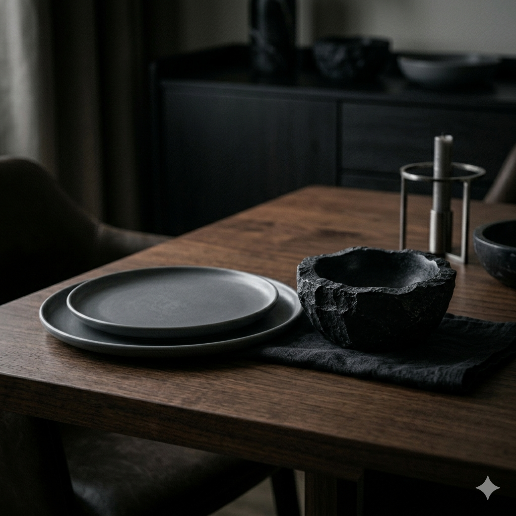 Onyx brand image: Minimalist dining tablescape with stacked matte ceramic plates and a rugged stone bowl on dark wood.