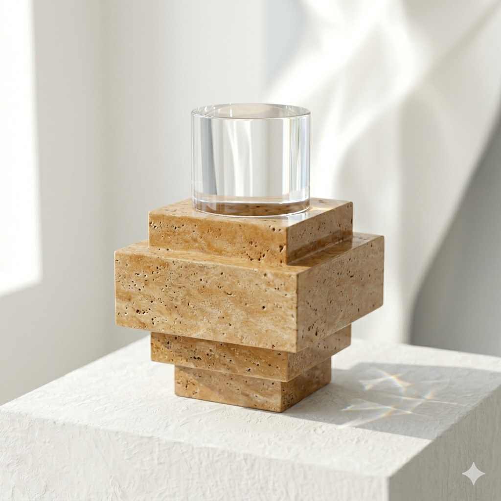 Onyx brand image: A stacked geometric Travertine stone sculpture and a clear optical glass cylinder on a sunlit white textured plinth in daylight.
