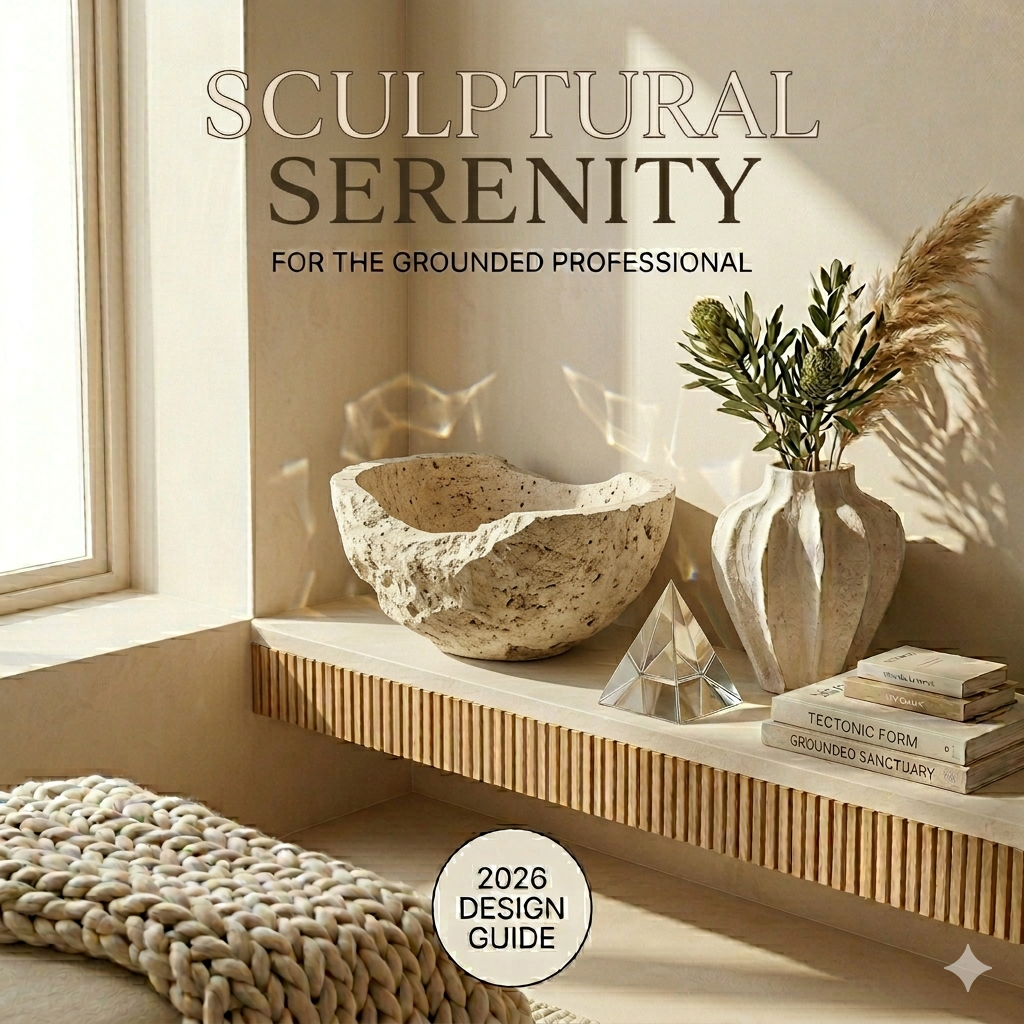Onyx Design Guide: Sculptural Serenity, featuring a massive curved Travertine bowl and curated tactility on a sunlit fluted oak shelf.