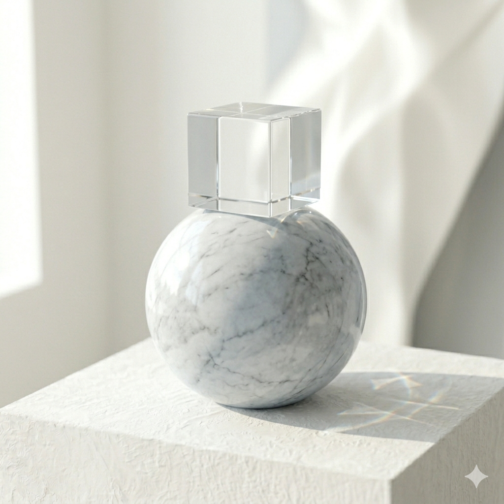Onyx brand image: A polished Carrara marble sphere and a clear optical glass cube on a sunlit white textured plinth in daylight.