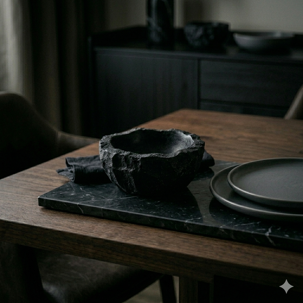 Onyx brand image: Detailed close-up of a rugged chiseled stone bowl on dark marble with moody lighting.