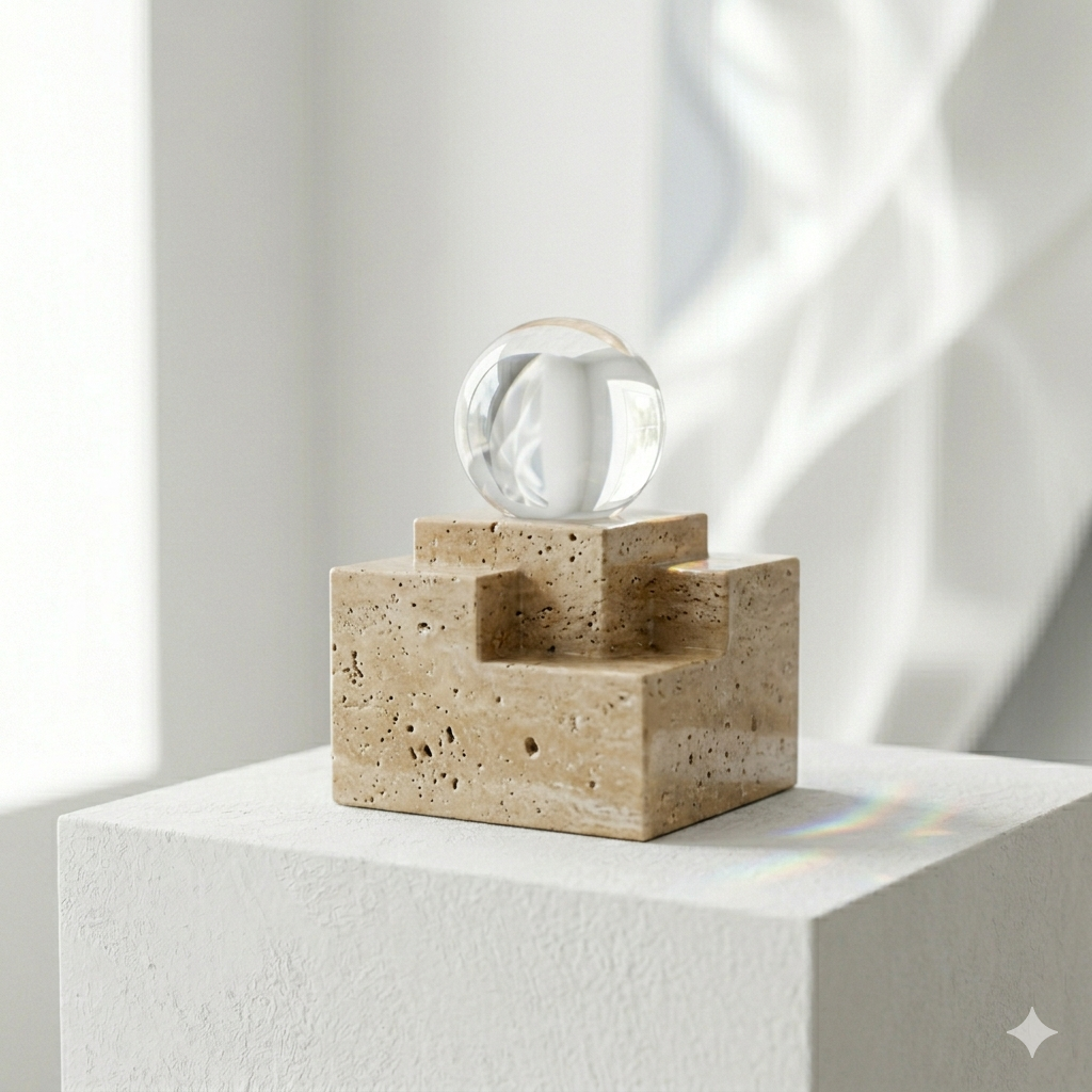 Onyx brand image: A geometric beige travertine stone sculpture and a clear optical glass sphere on a sunlit white plinth, possessing immense architectural presence.