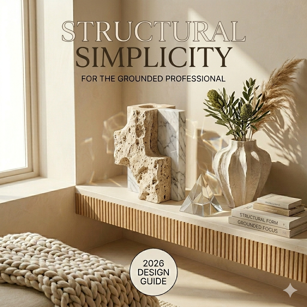 Onyx Design Guide: Structural Simplicity, featuring complex stacked Travertine and Carrara marble decor on a fluted oak shelf in daylight.