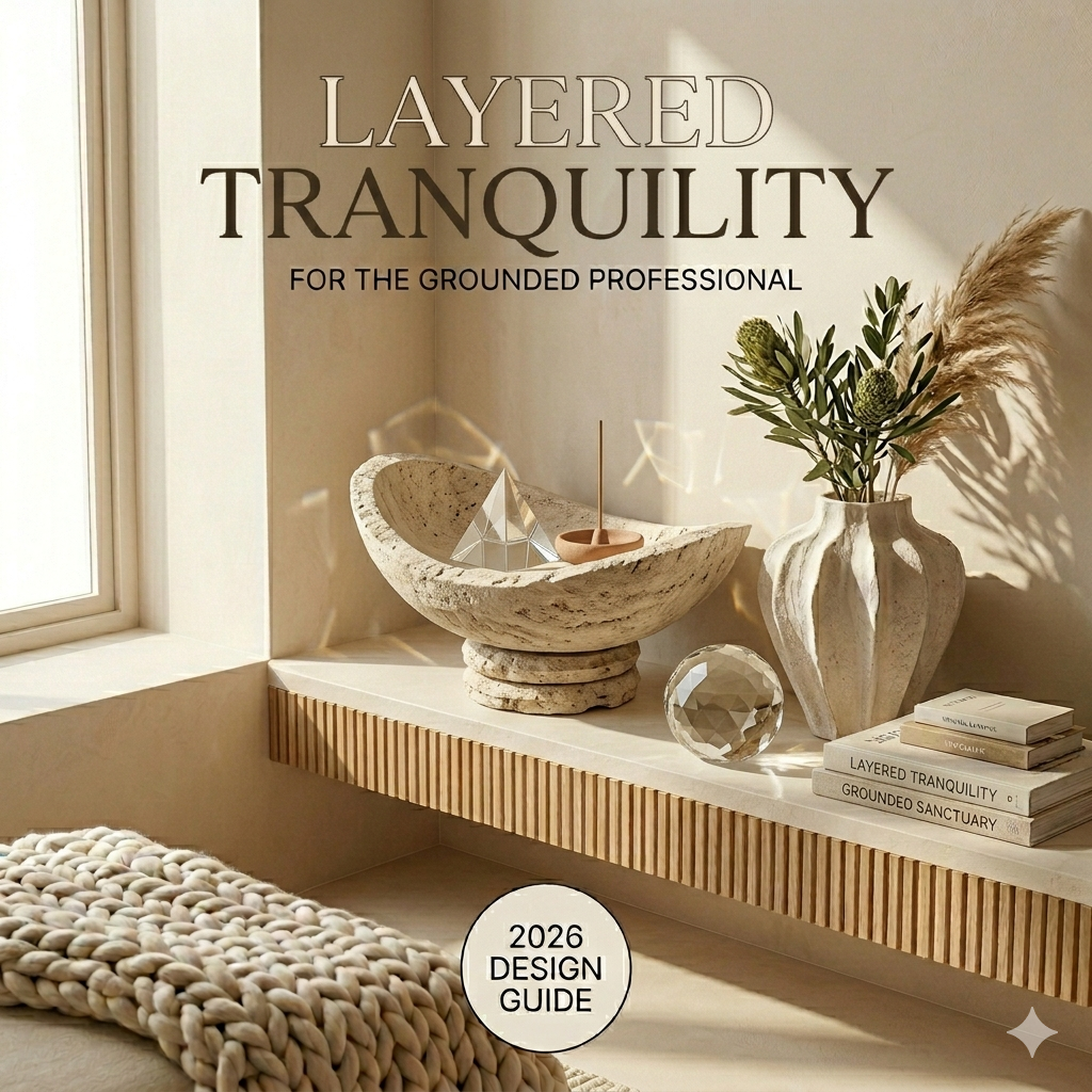 Onyx Design Guide: Layered Tranquility, featuring a massive curved Travertine bowl and curated tactility on a fluted oak shelf in daylight.