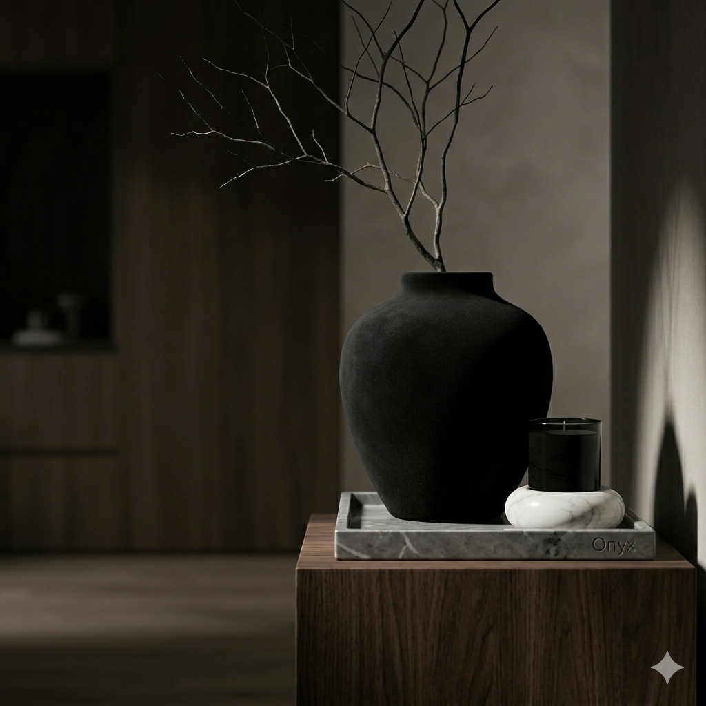 Premium minimalist home decor by Onyx featuring a sculptural matte black ceramic vase and a polished marble candle holder on a modern wooden pedestal, dark cinematic interior aesthetic.