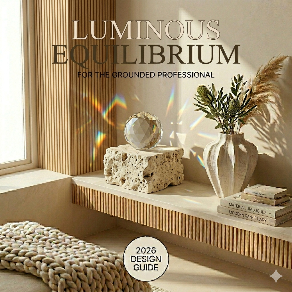 Onyx Design Guide: Luminous Equilibrium, featuring an optical glass sphere and raw Travertine block on a sunlit fluted oak shelf.