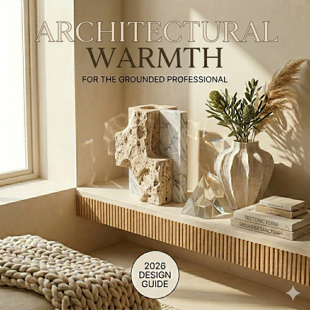 Onyx Design Guide: Architectural Warmth, featuring fluted oak textures and stacked stone decor on a sunlit shelf.