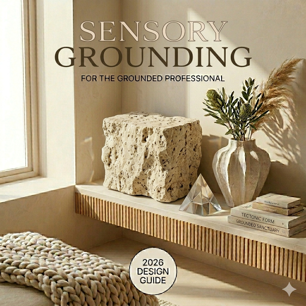 Onyx Design Guide: Sensory Grounding, featuring a profoundly raw, pitted Travertine sculpture and curated tactility on a sunlit fluted oak shelf.