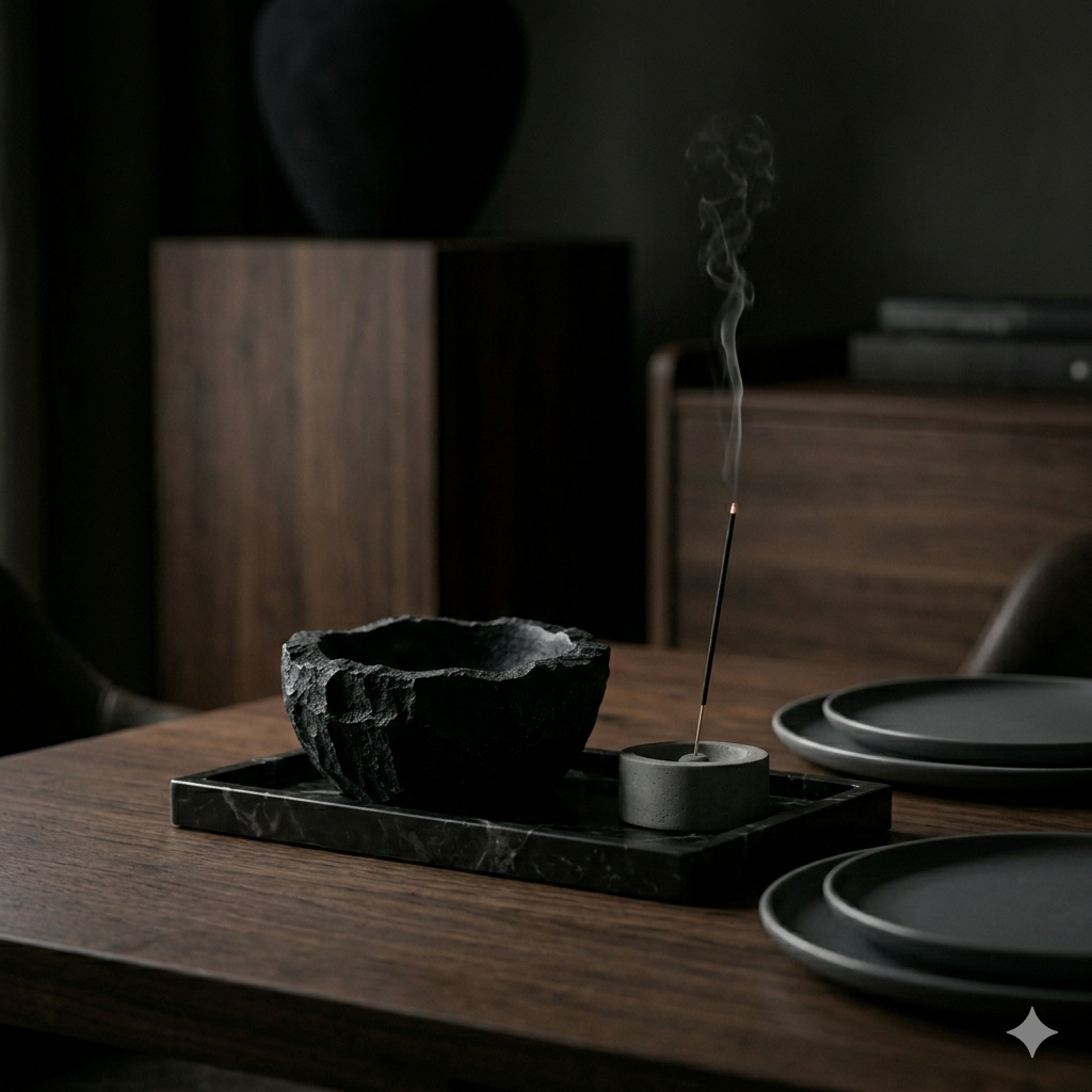 Onyx brand image: Minimalist tablescape on dark marble tray with sculptural stone object and lit incense burner.