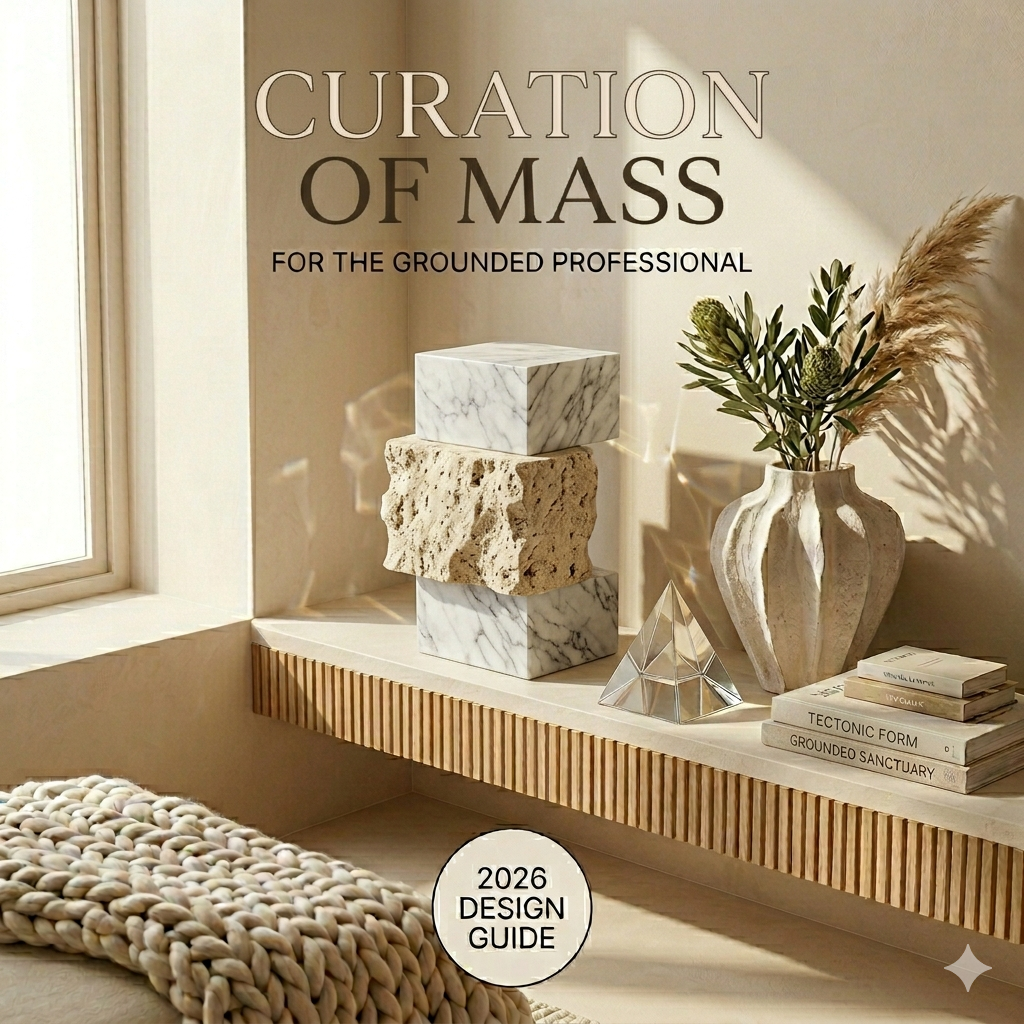 Onyx Design Guide: Curation of Mass, featuring massive stacked Carrara marble and Travertine decor on a fluted oak shelf in daylight.