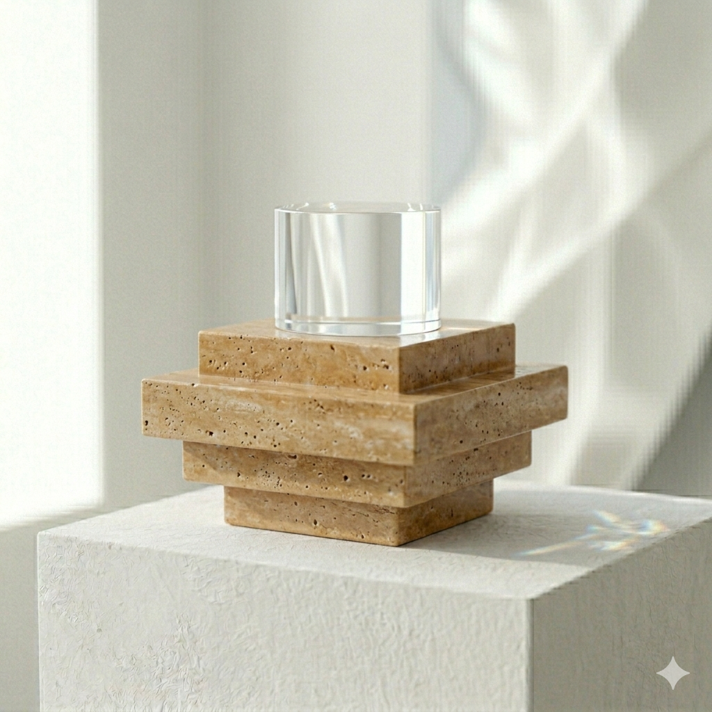 Onyx brand image: A tiered Travertine stone sculpture and a clear optical glass cylinder on a sunlit white textured plinth in daylight.