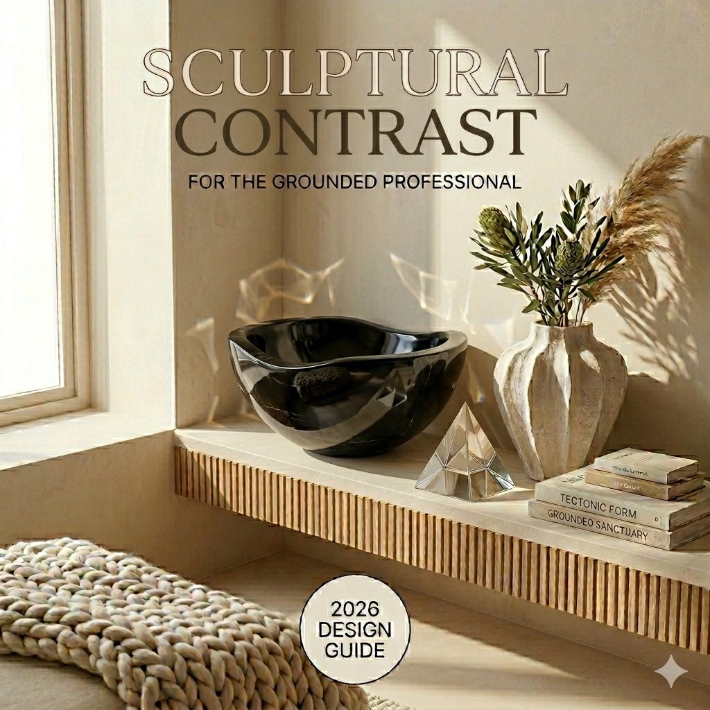 Onyx Design Guide: Sculptural Contrast, featuring a massive polished black Onyx bowl and curated tactility on a sunlit fluted oak shelf.
