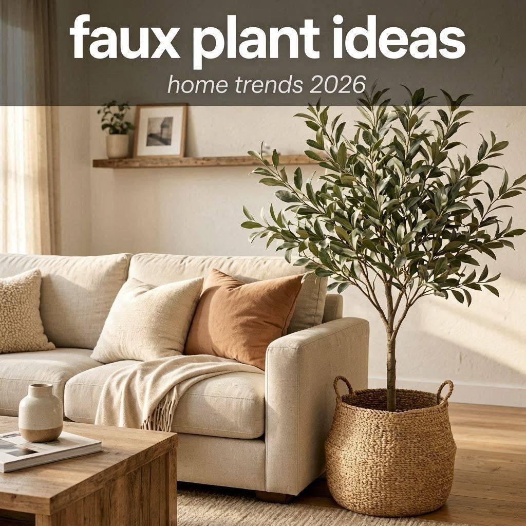 Modern living room with a realistic artificial olive tree in a woven basket, neutral furniture, and cozy organic decor.