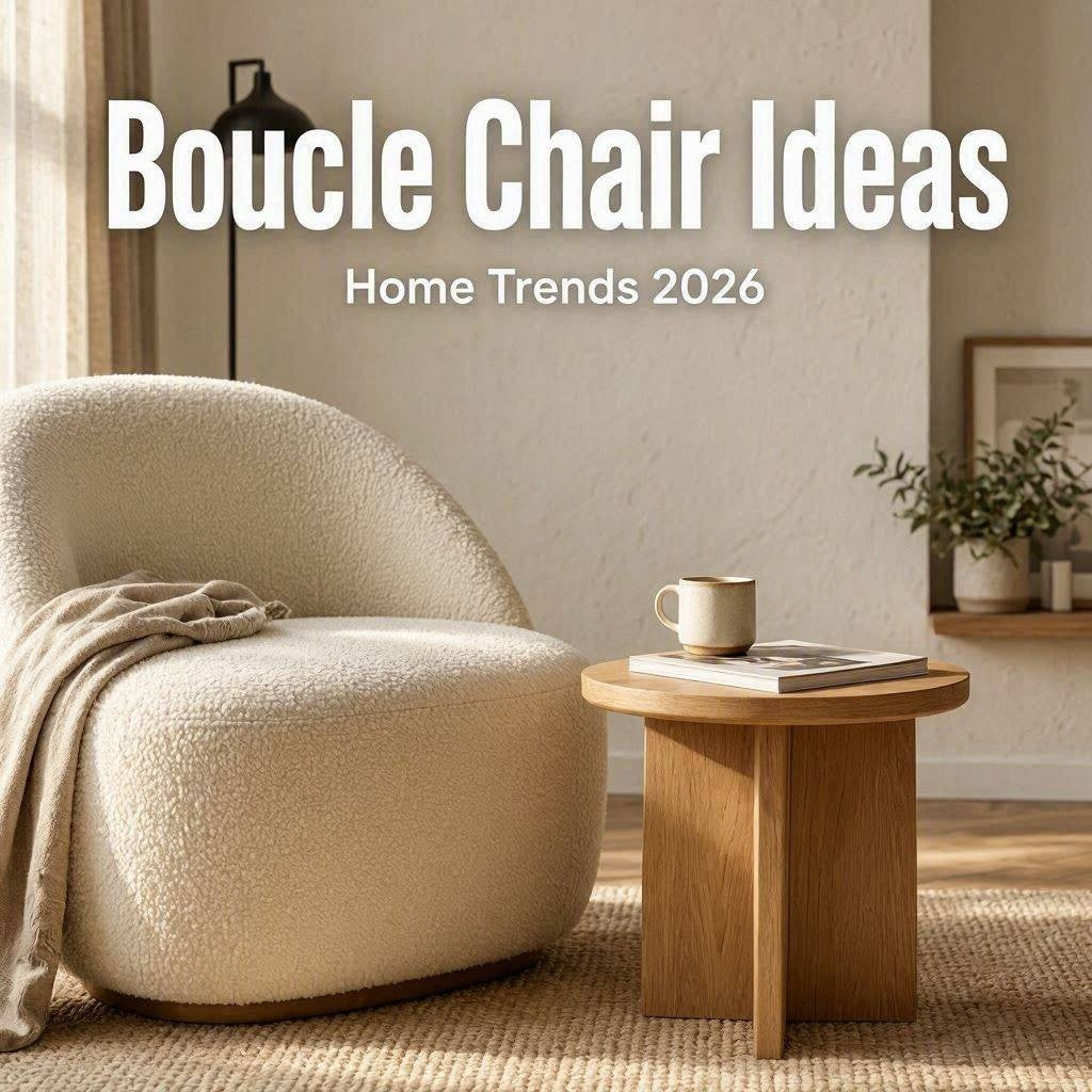 Modern living room featuring a cream boucle accent chair, wooden side table, warm morning sunlight, and Scandinavian-inspired cozy decor.