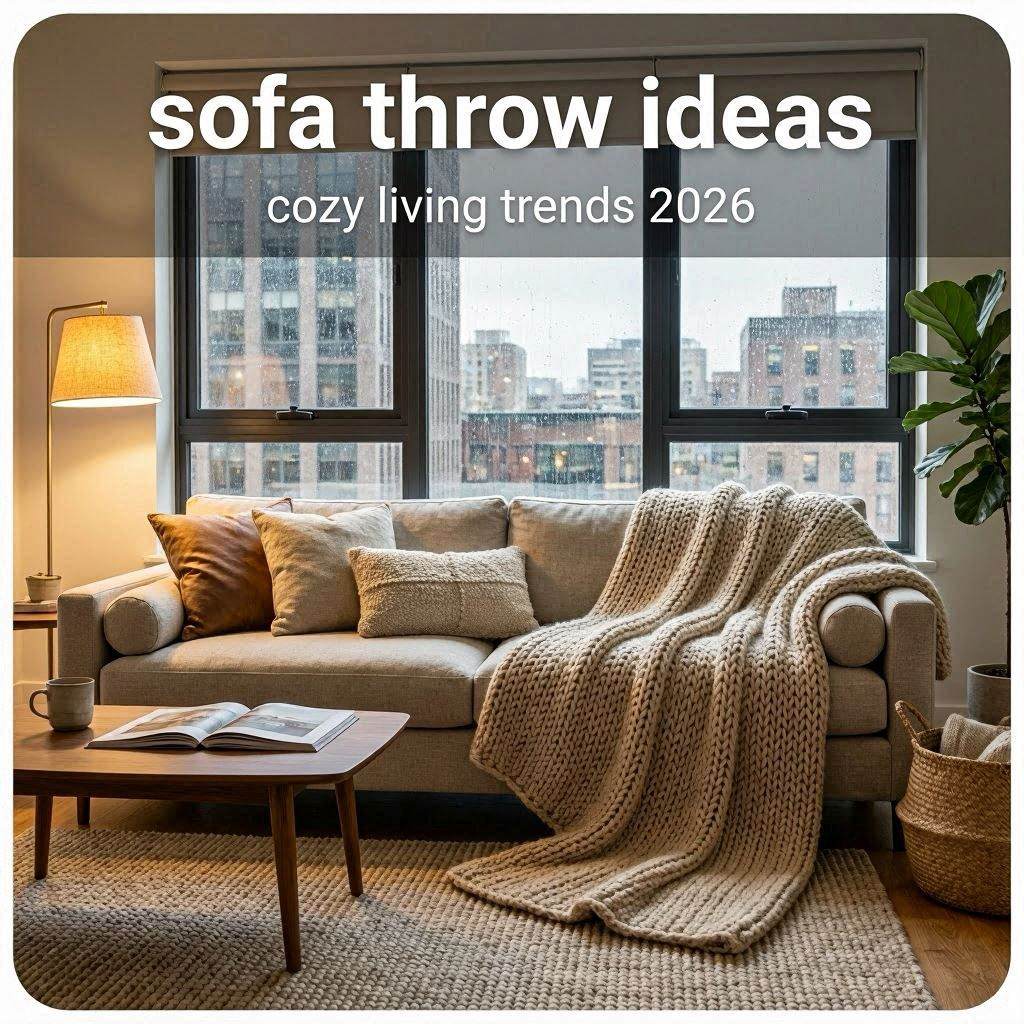 Modern living room with chunky knit throw blanket, neutral sofa, warm lighting, and cozy apartment interior styling.