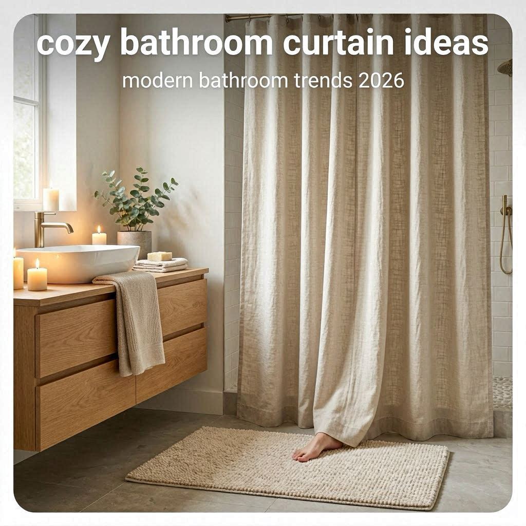 Modern cozy bathroom with flowing neutral curtains, warm candle lighting, soft bath mats, and minimalist spa inspired styling.