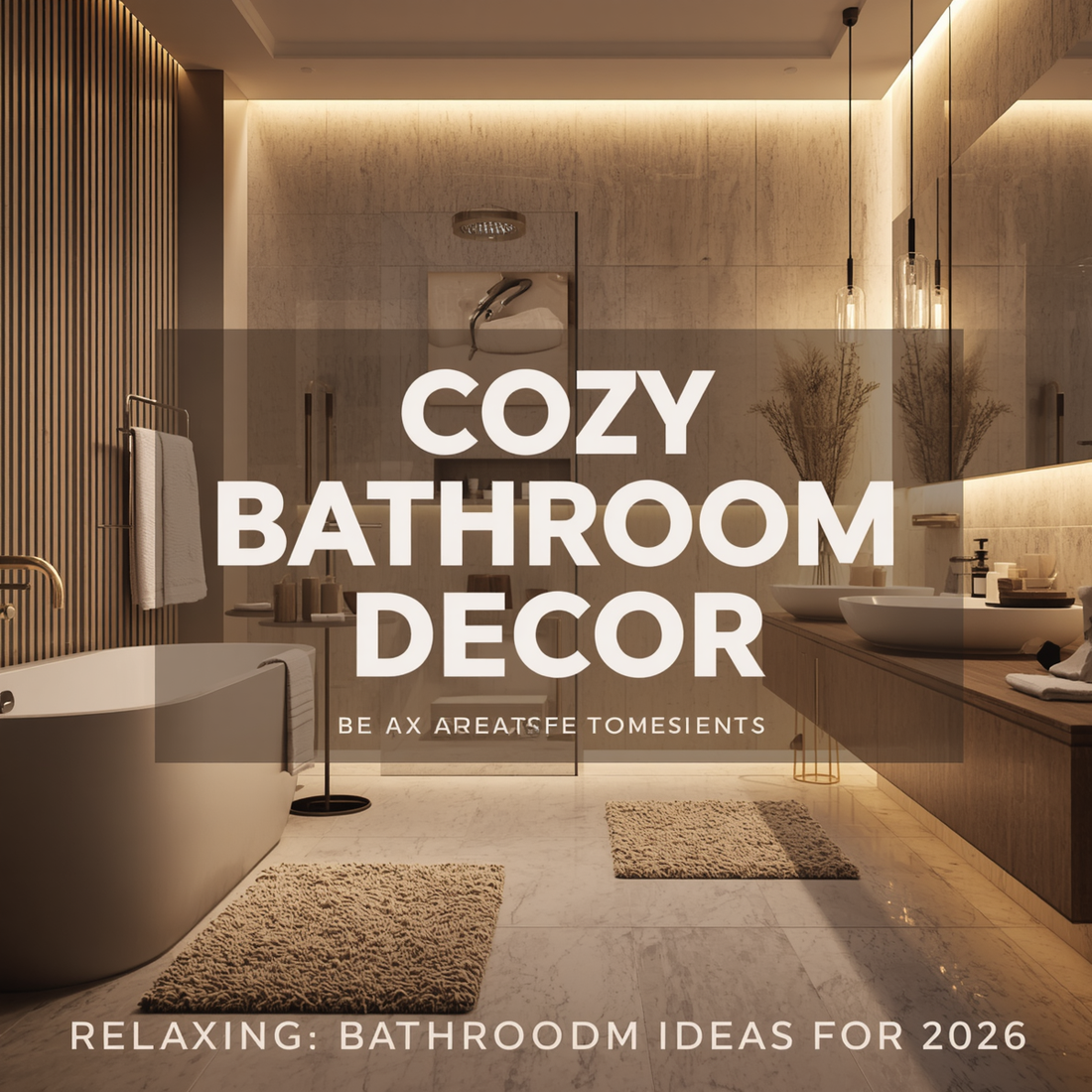 Modern cozy bathroom interior with soft bath mats, warm lighting, minimalist decor, and relaxing neutral color styling.