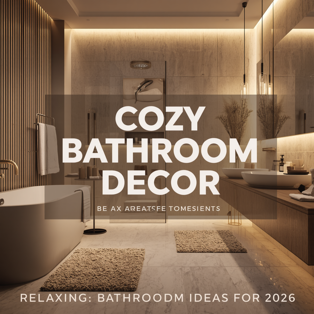 Modern cozy bathroom interior with soft bath mats, warm lighting, minimalist decor, and relaxing neutral color styling.