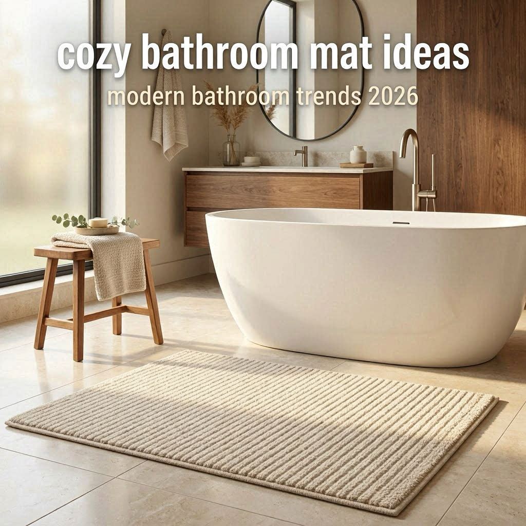 Modern cozy bathroom with soft textured bath mats, warm lighting, neutral decor styling, and relaxing spa inspired atmosphere.