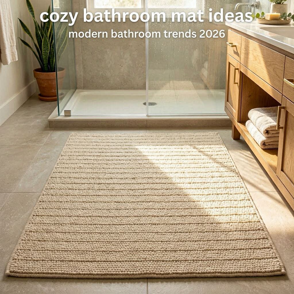 Modern cozy bathroom with oversized textured bath mat, warm sunlight, wooden vanity accents, and minimalist spa inspired styling.