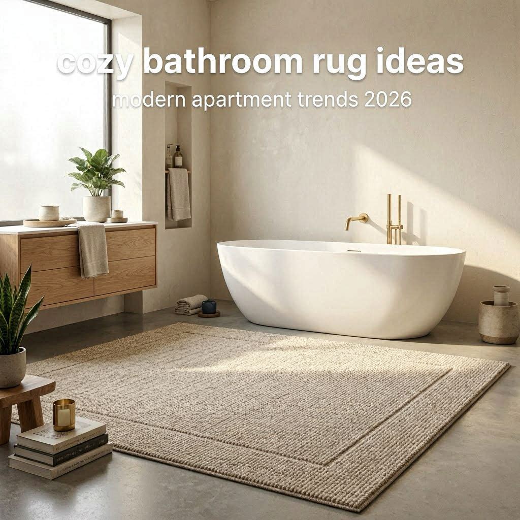 Modern cozy bathroom with oversized neutral rug, warm lighting, wooden accents, and minimalist spa inspired styling.