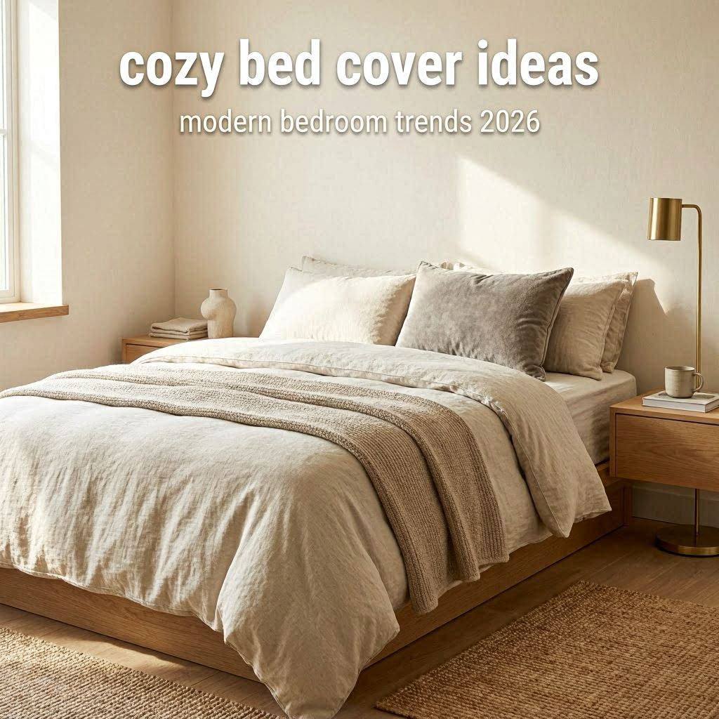 Modern cozy bedroom with layered neutral bed covers, warm sunlight, soft textures, and minimalist Japandi styling.
