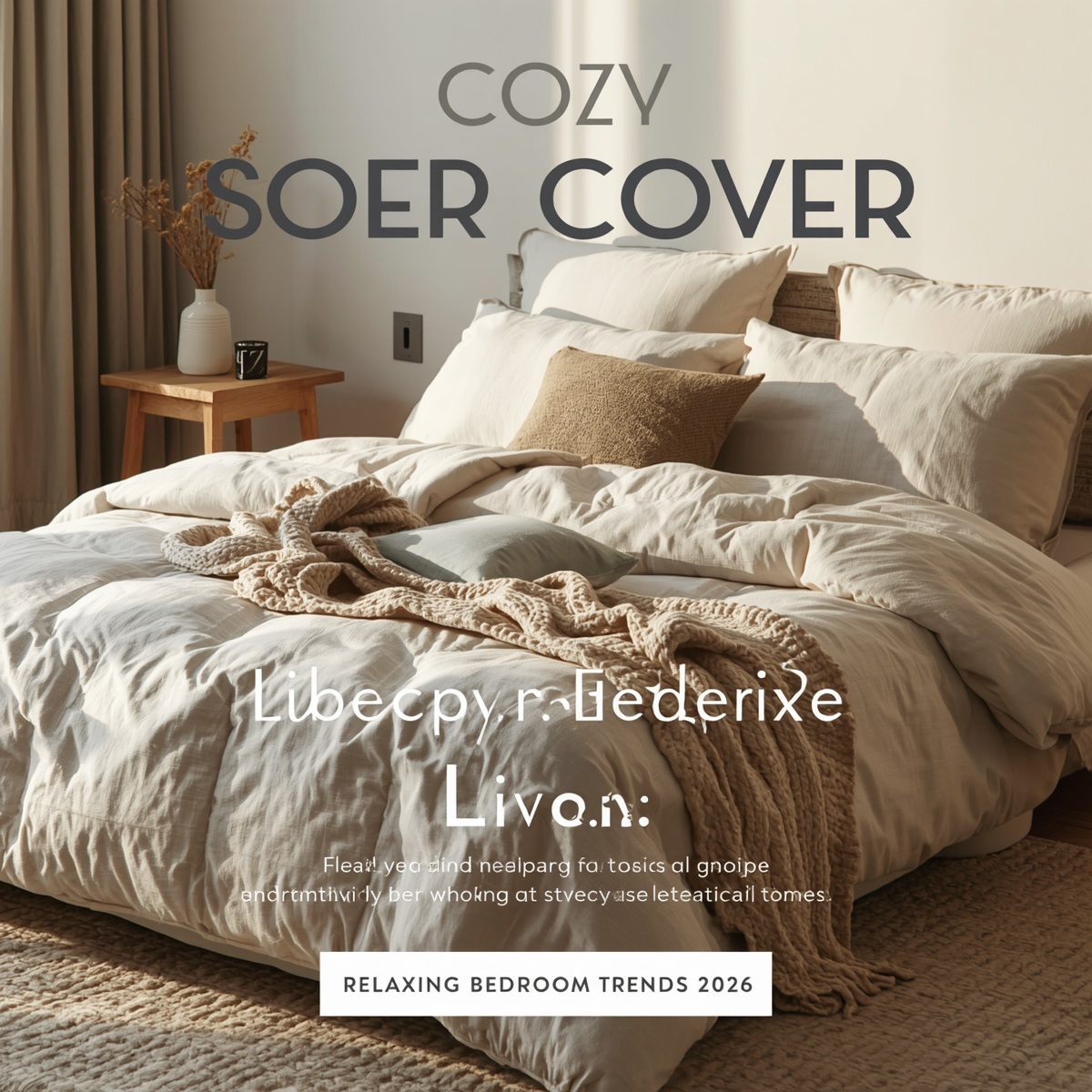 Modern cozy bedroom with soft layered bed covers, warm lighting, neutral decor styling, and relaxing minimalist atmosphere.