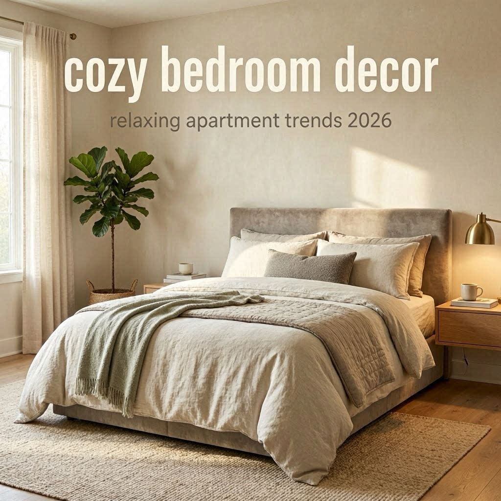 Modern cozy bedroom with layered neutral bedding, warm lighting, soft textures, and relaxing minimalist apartment styling.