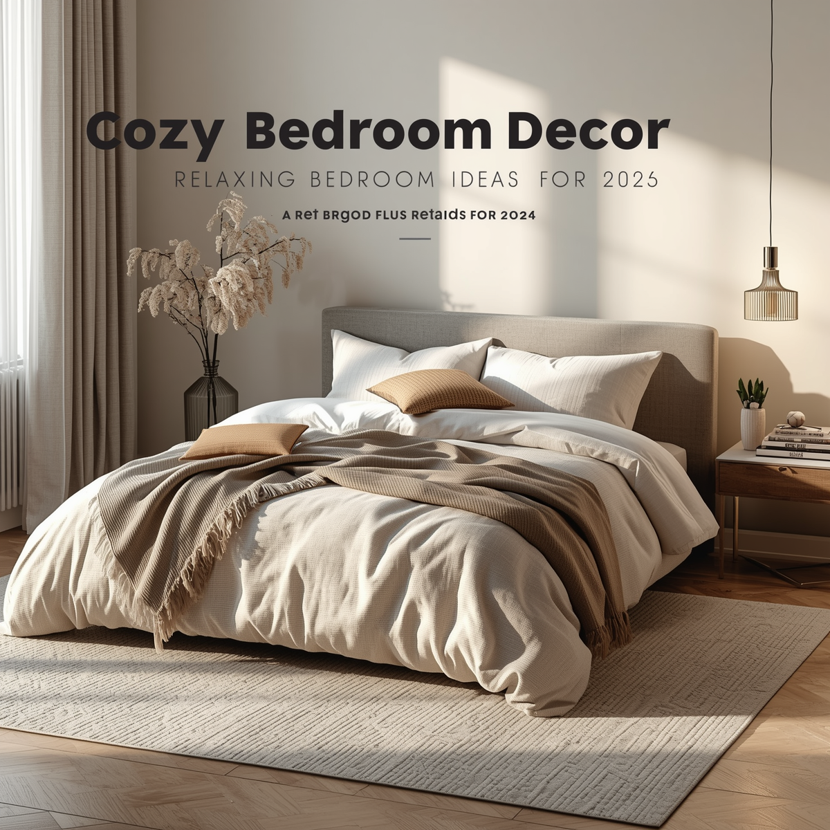 Modern cozy bedroom with layered blankets, soft bedding, warm lighting, and neutral minimalist decor in a relaxing apartment interior.
