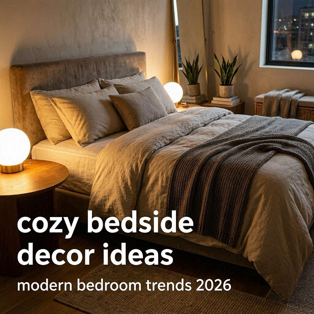 Modern cozy bedroom with warm bedside lighting, layered neutral bedding, soft textures, and minimalist apartment styling.