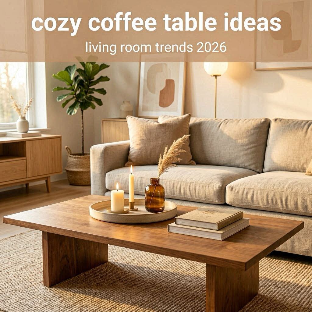 Modern cozy apartment living room with aesthetic coffee table decor, warm candle lighting, neutral textures, and organic minimalist styling.
