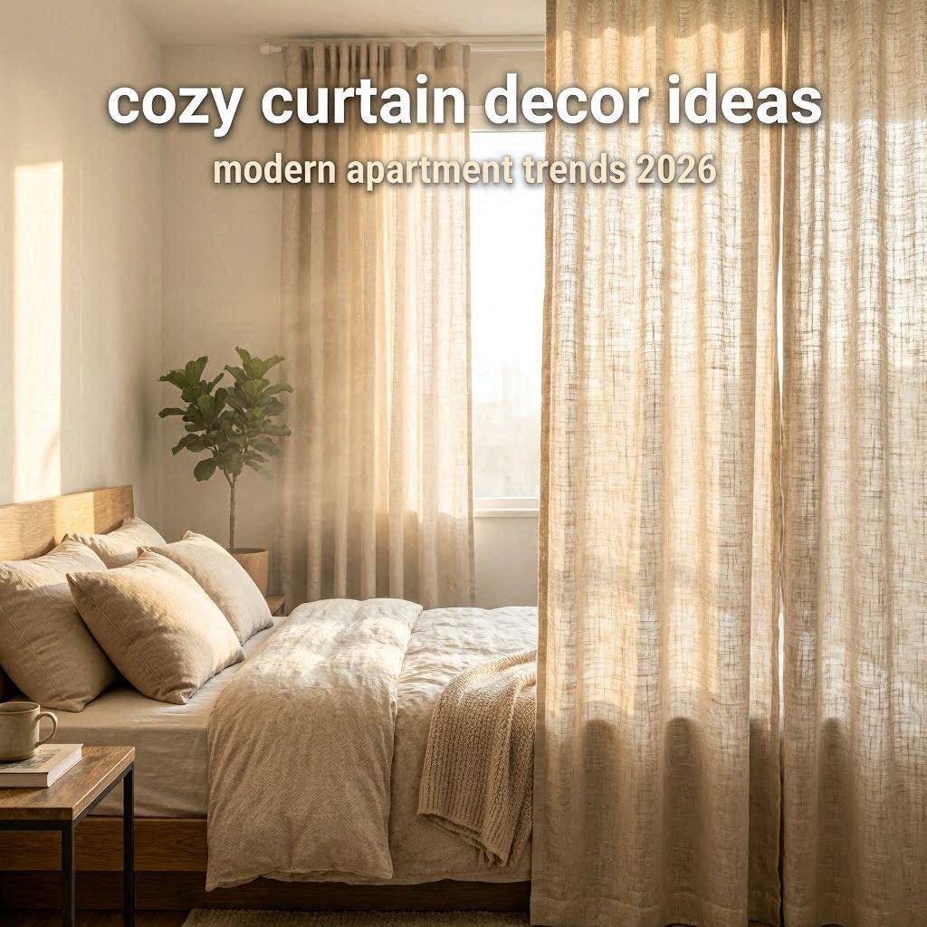 Modern cozy apartment bedroom with flowing neutral curtains, layered bedding, warm sunrise lighting, and minimalist Japandi styling.