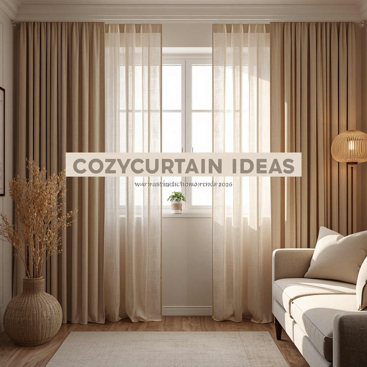Modern cozy apartment interior with soft neutral curtains, warm lighting, minimalist decor styling, and relaxing home atmosphere.