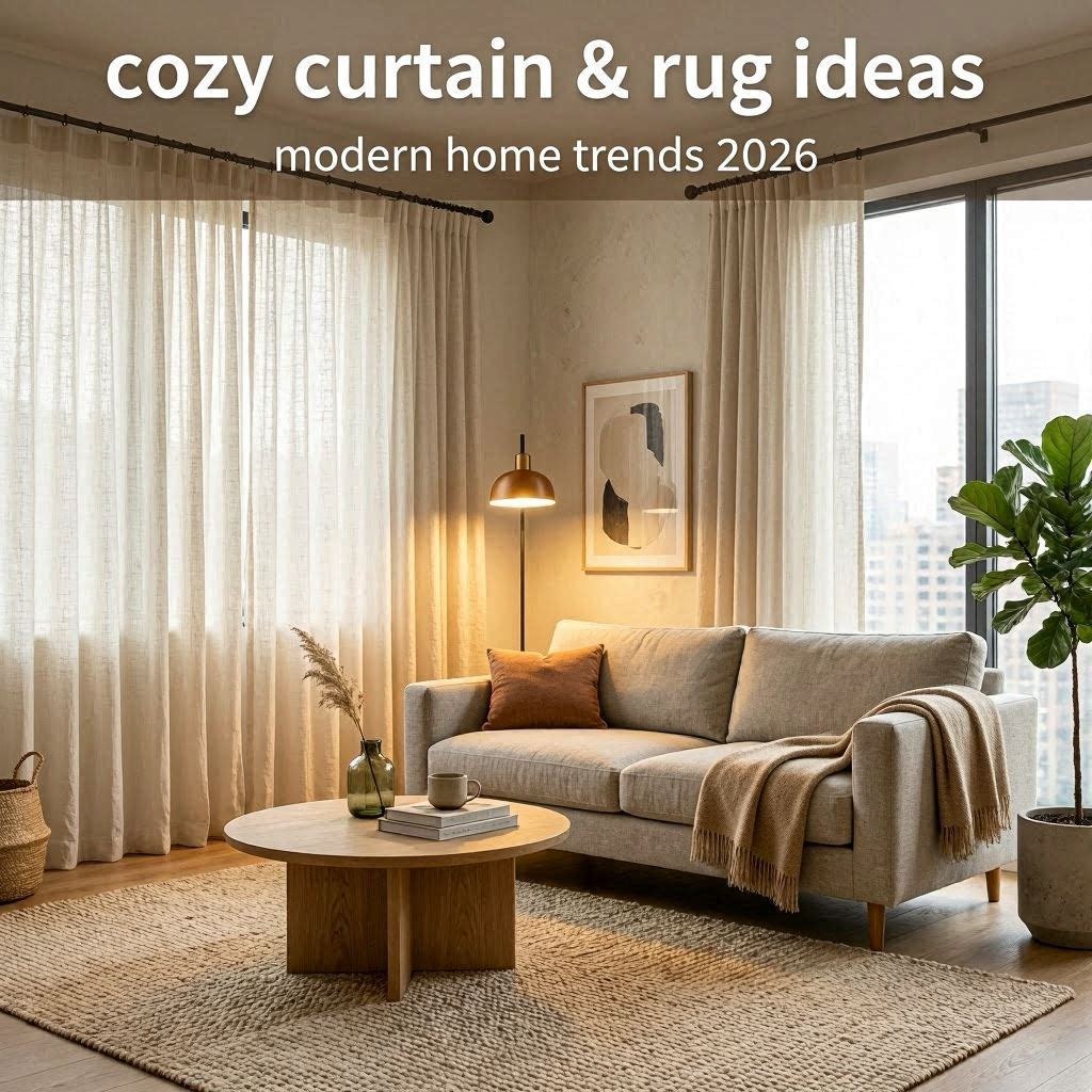 Modern cozy apartment living room with neutral curtains, oversized textured rug, warm lighting, and minimalist home styling.