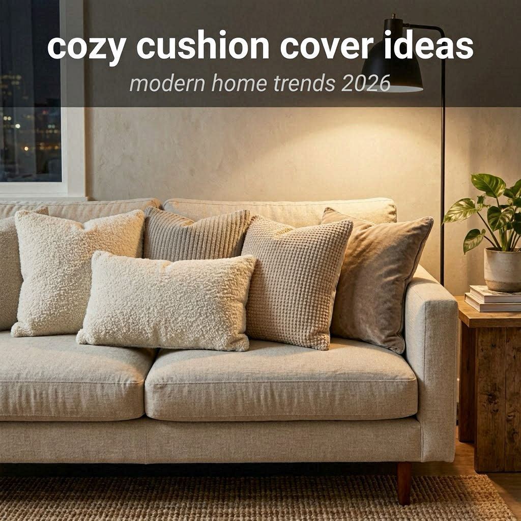 Modern cozy apartment living room with layered neutral cushion covers, warm lighting, soft boucle textures, and minimalist organic styling.