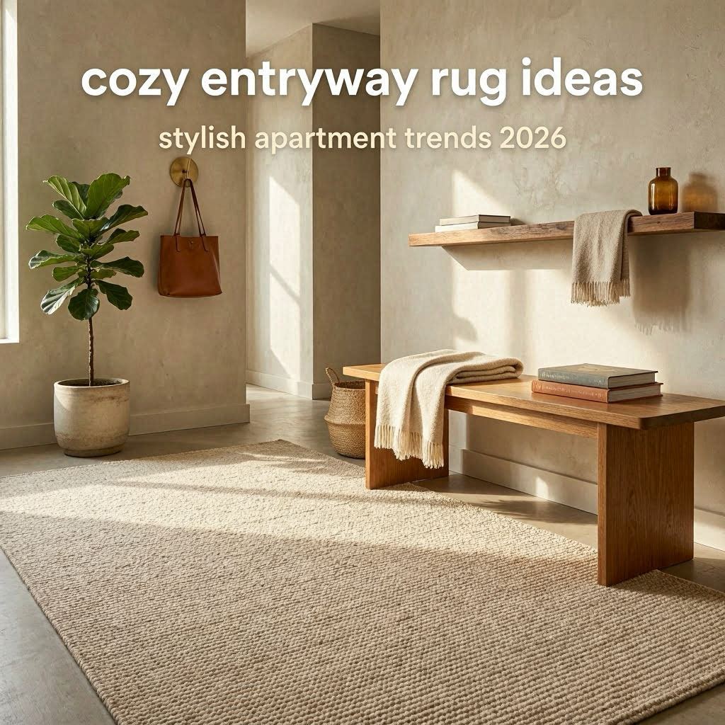 Modern cozy apartment entryway with textured neutral rug, warm lighting, wooden accents, and minimalist decor styling.