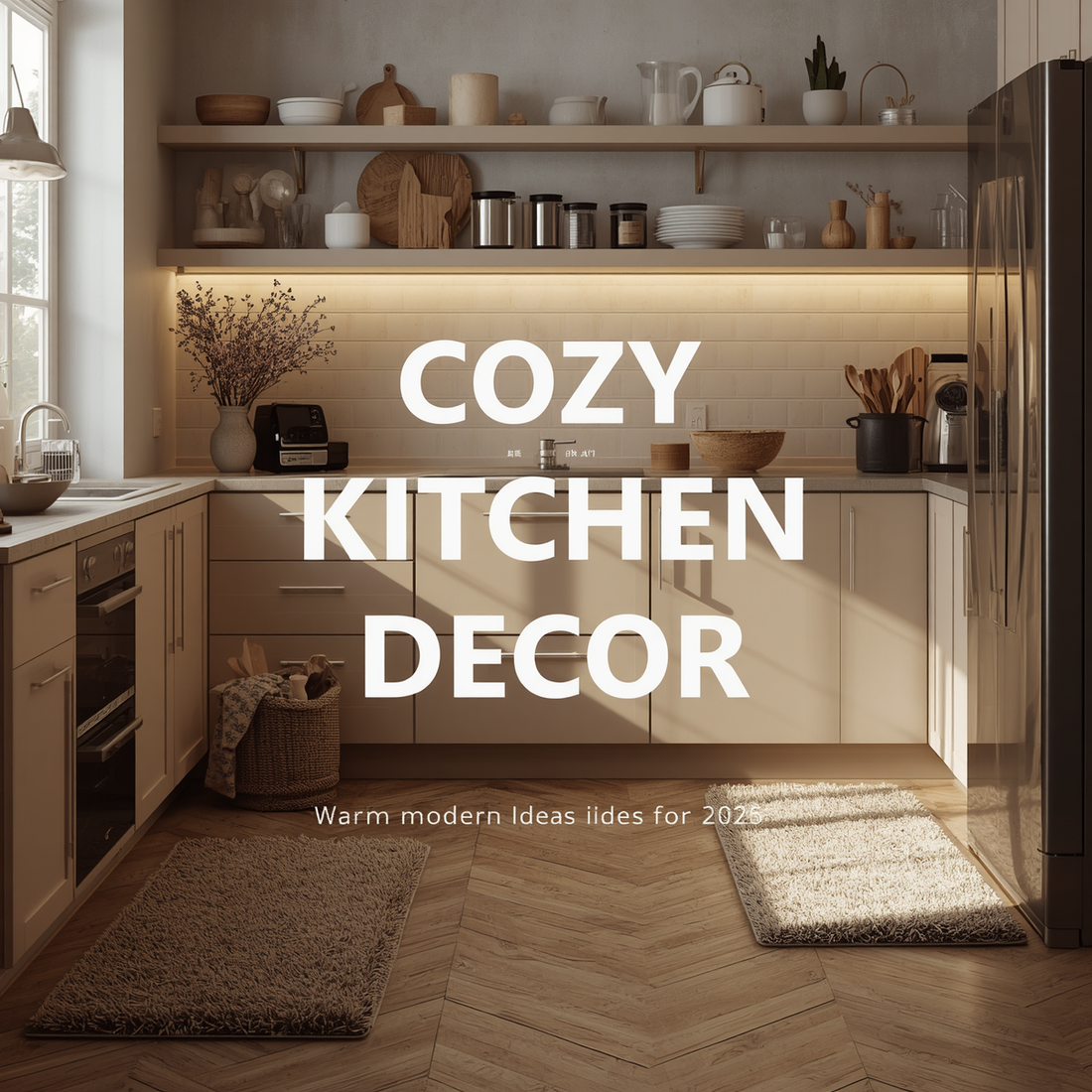 Modern cozy kitchen interior with soft kitchen mats, warm lighting, minimalist decor accessories, and neutral aesthetic styling.