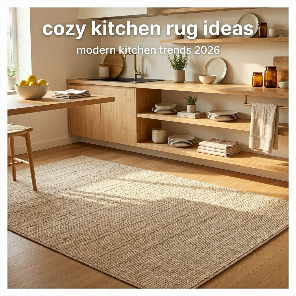 Modern cozy apartment kitchen with oversized neutral rug, wooden shelves, warm sunlight, and minimalist organic styling.