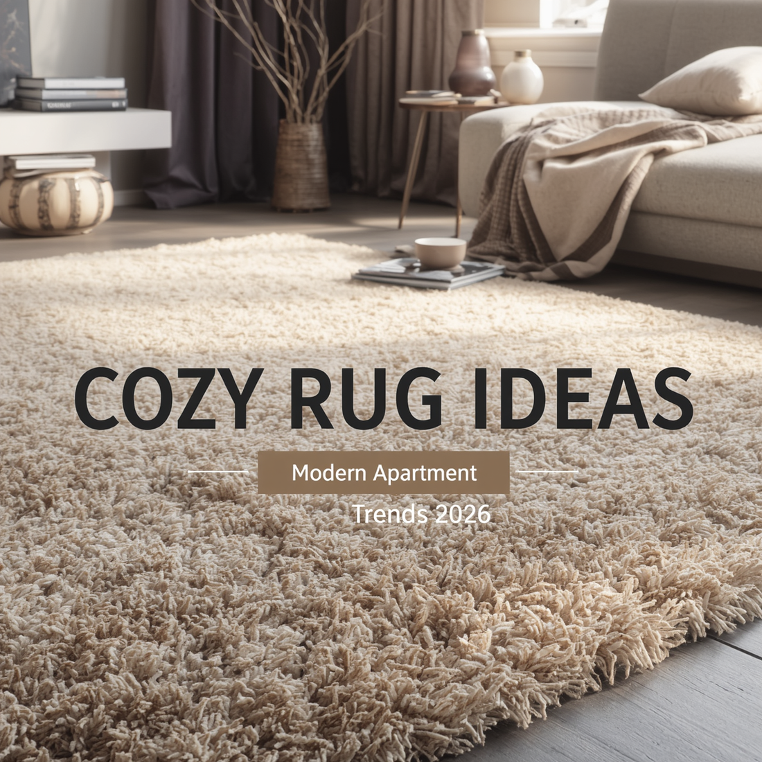 Modern cozy apartment living room with large neutral rug, warm lighting, minimalist decor styling, and soft textured interior details.